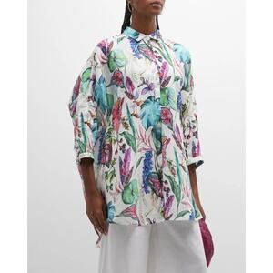 120% Lino Oversized Botanical Print Linen Shirt XS / Small